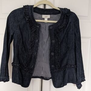 LOFT Dark Blue Jean Jacket with Ruffle Trim